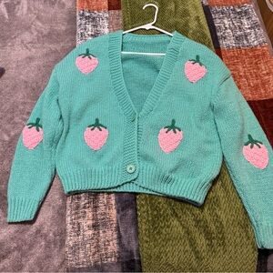 Teal Cardigan with Pink Strawberry Design